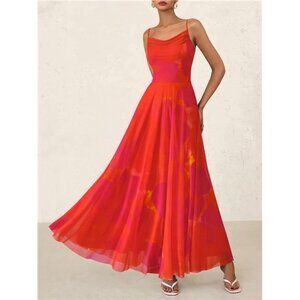 Women Summer Maxi Dresses Elegant Spaghetti Strap Orange Red